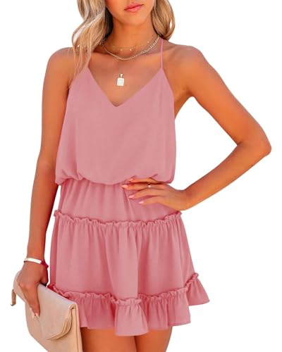 Newffr Womens V Neck Summer Mini Dress Sleeveless Ruffle Spaghetti Strap Racerback Flowy Beach Vacation Sundresses Pink