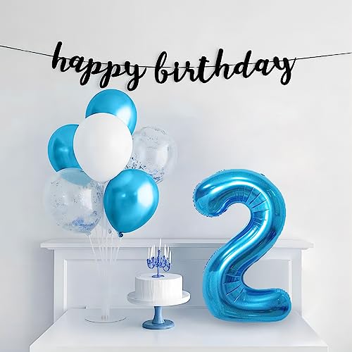 Image of Blue 2 Number Balloon, 40 Inch, Mylar Foil, for Birthday Party Decoration, Unisex, Includes Ribbon & Straw