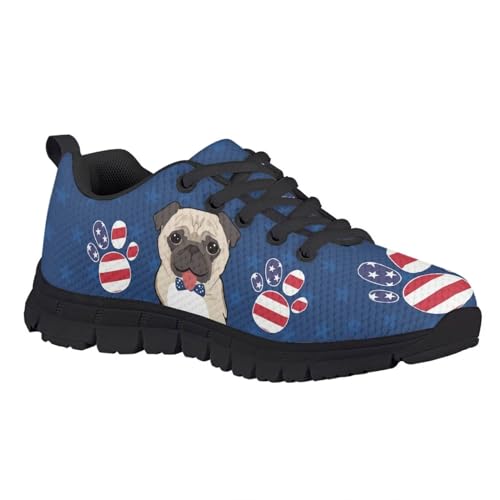 Suobstales Pug Dog Print Kids Sneakers for Boys Girls Paw American Flag Lightweight Running Shoes Breathable Walking Shoe Sport Tennis Athletic Footwear,Size 122
