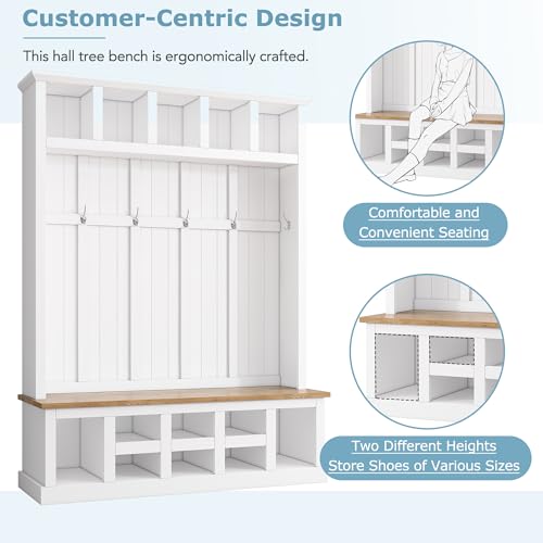 Farmhouse Wood Hall Tree with Bench and Shoe Storage, 5-in-1 Coat Rack with 6 Hooks for Entrance, Hallway White by Merax - Image 5