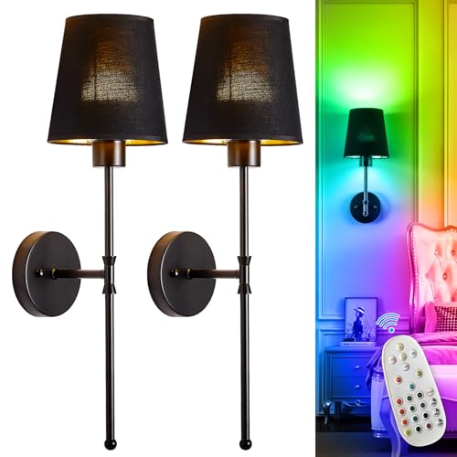 Image of Depuley Battery Operated Wall Sconce: 24 inch Set of 2 Wireless Wall Lights with Remote for Bedroom - Rechargeable 15 Colors Black Wall Lamp for Living Room Hallway Home Decor