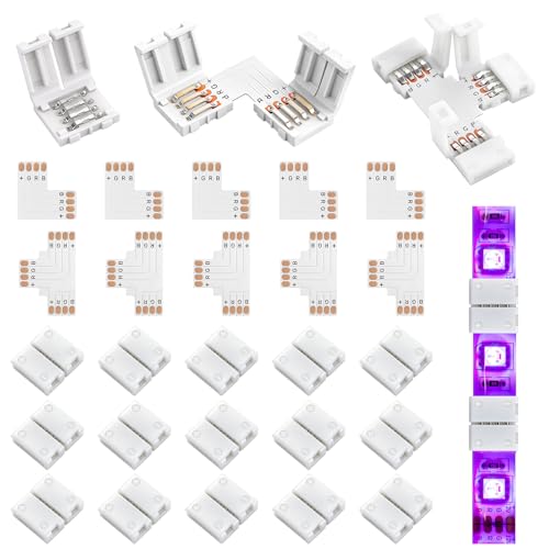 35 Stück LED Strip Verbinder 4 Polig 10mm Lötfreier Anschluss mit 25 Lichtbandklemmen 5 L-förmigen & 5 T-förmigen Verbindern für 5050 3528 RGB LED Streifen Schnelle Installation