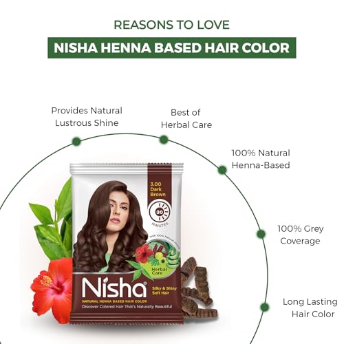 Image of Nisha Natural Henna Powder for Hair Colour, Dark Brown Semi-Permanent Hair Color, Herbal Conditioning Hair Dye for Silky & Shiny Soft Hair for Men & Women 10g (Pack of 10), Ammonia-Free