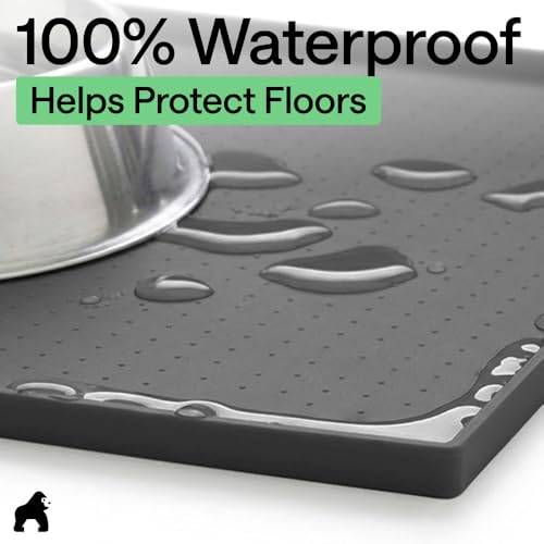 Image of GORILLA GRIP 100% Waterproof Raised Edge BPA Free Silicone Pet Feeding Mat, Dog Cat Food Mats Contain Spills Protects Floors, Placemats for Cats and Dogs Water Bowl, Pets Accessories 16x10, Charcoal