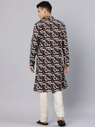 Image of Majestic Man Men's Regular Fit Ethnic Motifs Printed Pure Cotton Long Kurta with Mandarin Collar & Full Sleeves