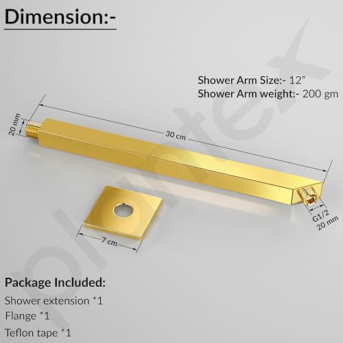 Image of Plantex 12-Inch Shower Arm for Overhead Shower /Stainless Steel Shower Pipe /Wall Mount Bathroom Fitting with -Inch Thread - Pack of 1 (Gold)