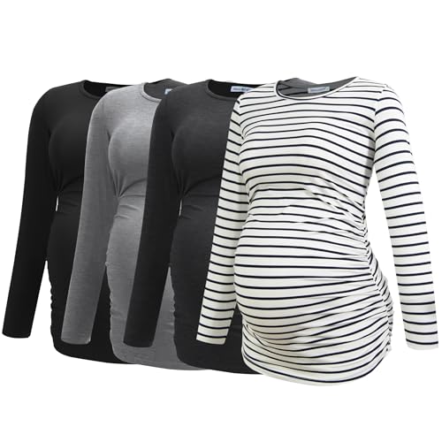 Smallshow Womens 4 Pack Maternity Shirts Long Sleeve Ruched Pregnancy Clothes Tops Black-Deep Grey-Light Grey-White Stripe M