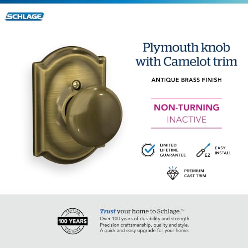 SCHLAGE Plymouth Non-Turning Dummy Door Knob, Camelot Trim, Antique Brass - image 4