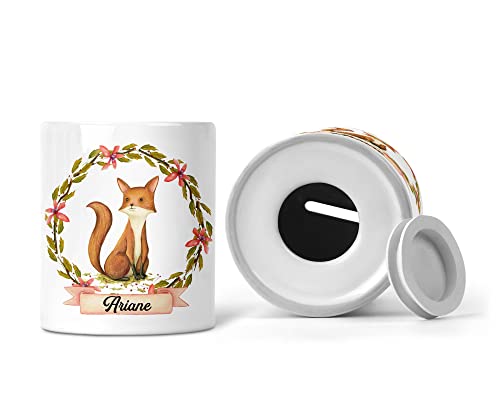 C59 Tirelire Couronne Renard Aquarelle personnalisée, tirelire enfant, tirelire fille, tirelire garçon, cadeau enfant personnalisable, cadeau prénom,...