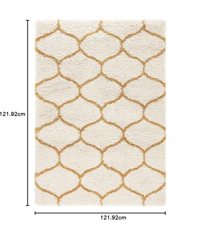 Image of Handwoven Microfibre 3D Rug for Living Room (Ivory & Gold Moroccan, 4 X 4 Feet (Square), Microfibre)