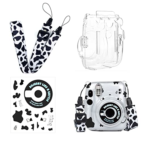 Mini 11 Clear Case Bundle Kit for Fujifilm Instax Mini 11 Instant Camera Case with Film Pocket Pictures Holder, Stickers Skin Decal, Adjustable Shoulder Strap Accessories (Cow)