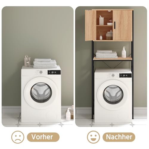 EUGAD Waschmaschinenschrank, Waschmaschinenregal Regal über Waschmaschine Toilette, Toilettenregal mit Schrank Verstellbarer Ablage, Badregal aus Holzwerkstoff Metall, 64,5x170x27 cm