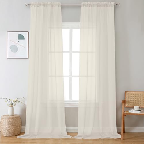 Image of OVZME Cream Sheer Curtains 108 Inches Long 2 Panels - Soft Light Filtering Window Sheer Panels for Living Room /Bedroom, Top Dual Rod Pocket, 1 Pair, Each 42Wx108L Inches