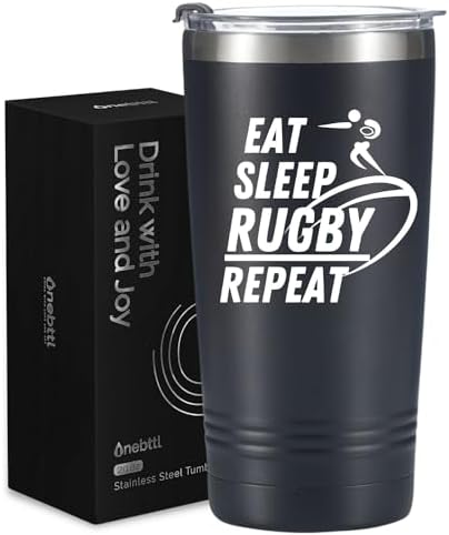 Onebttl Rugby Gifts - Eat Sleep Rugby Repeat, Coach Gifts for Men, 20 oz Travel Tumbler With Lid and Straw, Gift Box and Card Included