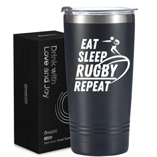 Onebttl Rugby Gifts, Eat Sleep Rugby Repeat, Rugby Coach Gifts for Men, 20 oz Travel Tumbler with Lid and Straw, Gift Box and Card Included