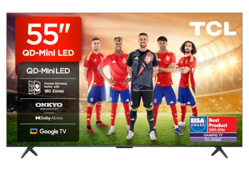 TCL 55Q6C Televisor 55 Pulgadas QD-Mini LED 4K Smart TV, 1000 nits, 144Hz Motion Clarity Pro, Onkyo 2.1, Game Master, FreeSync, Google TV, Dolby Vision IQ y Atmos
