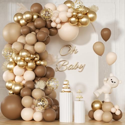 141PCS Brown Balloons Garland Arch Kit, 18 12 10 5 Inch Coffee Brown Tan Beige Nude Gold Confetti Latex Boho Neutral Balloons for Woodland Birthday Wedding Bear Baby Shower Safari Party Decorations