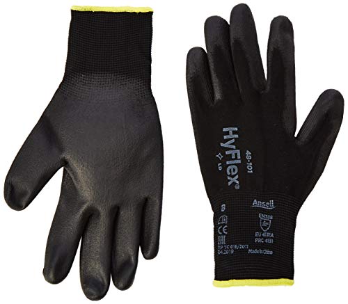 Ansell HyFlex 48-101 Guantes de Trabajo Finos, Alta Precisión Táctil, Forro Elástico con Revestimento de Poliuretano, Protección Multiusos, Bricolaje y Mecánica, Negro, Talla 8 (12 Pares)