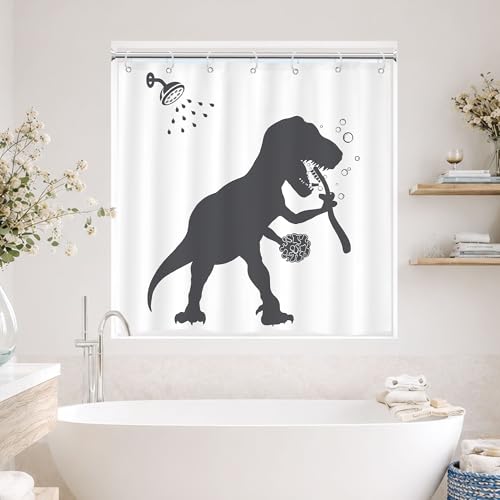Image of Funny Dinosaur Shower Curtain Bathroom Set 40Wx36L Inches Short Small for Kids Boys Trex Raptor Silhouette Fun Cartoon Black and White Bath Accessories Animal Shadow Art Home Decor Fabric 7