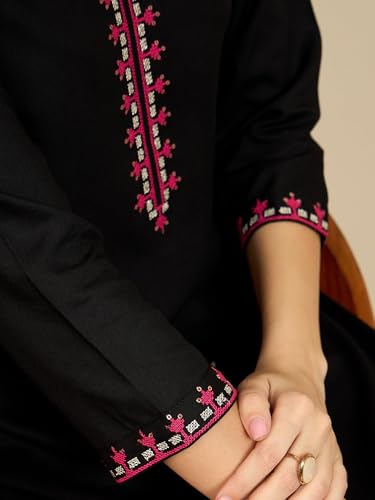 Image of INDO ERA Women's Cotton Straight Fit Floral Embroidered Kurta (KT0GN9776)