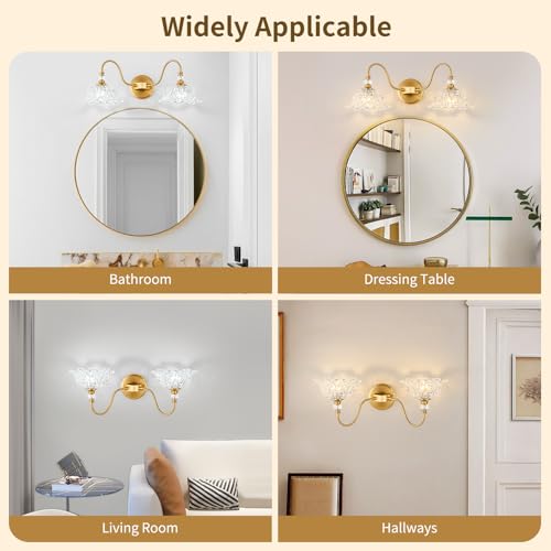 Image of Gold Bathroom Vanity Light, 2-Light Brushed Gold Finish Vanity Light with Floral Clear Glass Shades, Retro Wall Mount Lighting for Bathroom, Dressing Table