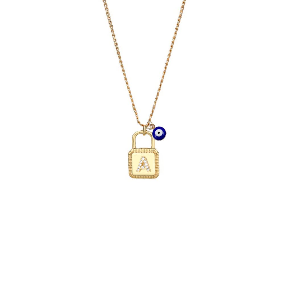 BeTime Evil Eye Necklace: Lock Necklace for Women | Letter A Necklace with Zircon, 14k Gold Plated Jewelry Gift for Women, Gold Plated, Zircon