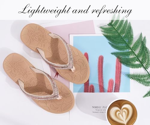 Image of ONCAI Women's Flip Flops with Rhinestone, Arch Support Yoga Mat Comfort Walking Summer Beach Thong Sandals with Plantar Fasciitis Rubber Soles US Size 5-11