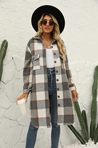 Seekme Women's Long Plaid Shirt Jacket Shacket Lapel Button Down Woolen Blend Casual Tartan Over Shirt Trench Coat (Dark Grey, X-Large) #TOP6