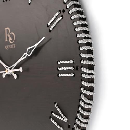 Image of Wooden Round Shape Roman Dial Wall Clock with Golden Zari Rope Detailing and Silver Hands | Silent Quartz Movement Anti Reflection Analog Vintage Clock for Home & Office (Black 15.5 Inch)