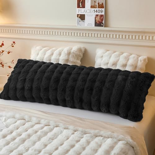 LIFEREVO Fluffy Faux Rabbit Fur Body Pillow Cover Luxury Bubble Waffle Shaggy Plush Bed Body Pillowcase with Zipper Closure Long 20x54 Fuzzy Furry Pillow Case for Adults Kids Girls Teens Black