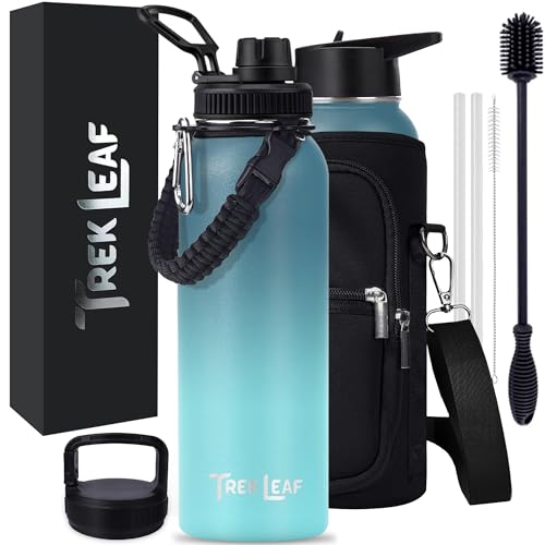Trek Leaf Travel Water Bottle with Carrying Bag, 3 Lids (Spout, Straw, Handle), and Bottle Brush; Leak Proof, Quality, Vacuum Insulated, Stainless Steel (Storm Cloud, 40 oz)