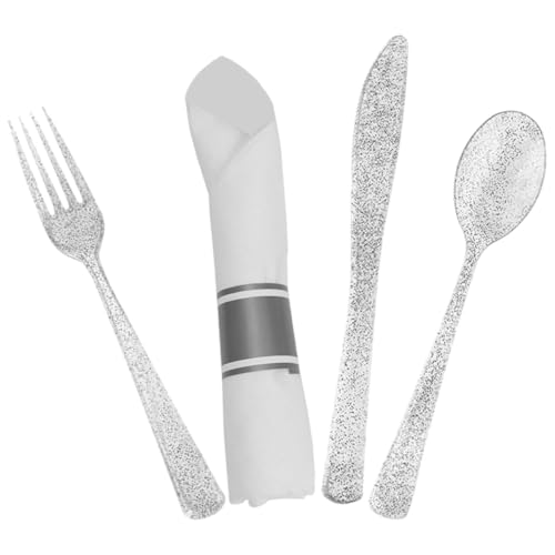 Beavorty Disposable Plastic Cutlery Set with Fork Spoon Knife and Napkin, Silver Party Tableware Kit for Household Flatware and Steak Eating, 1-set Kitchen Utensil for Festive Dining