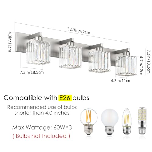Image of Aipsun Brushed Nickel Bathroom Lighting Fixtures 4 Light Crystal Modern Bathroom Vanity Light (Exclude Bulb)