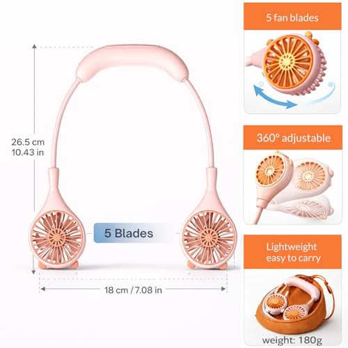 Image of One94Store Rechargeable Neck Fan (Pink) | 1200mAh Battery, USB Powered Hands-Free Hanging Fan | Single Speed Dual Fan | Portable Personal Cooling Fan for Travel, Office & Outdoor Use