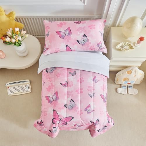 Image of Butterfly Toddler Bedding Set for Girls Pink Colorful Butterfly 4PC Toddler Bed Set - Soft Pink Flowers Cute Princess Toddler Bed in a Bag with White Sheet Set and Pillow Shams