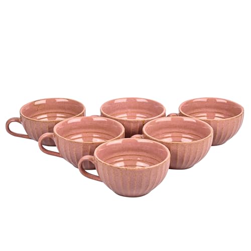 Image of Premium Pink Ceramic Tea Cup Set of 6 | Handmade Stoneware Coffee & Tea Mugs | 220 ml Each | Microwave, Dishwasher Safe | Textured Design | Chai Cups for Home, Office & Gifting