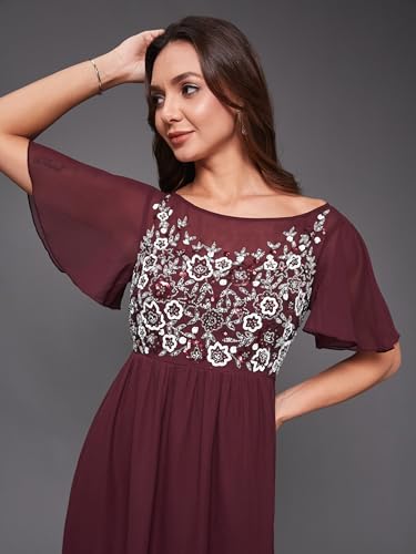 Image of Miss Chase Women's Round Neck Sleeve Embellished Fit Flare Maxi Dress