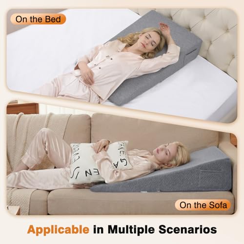 Image of Vekkia 34 inch Extra-Long Wedge Pillow, Back & Arm Support, Bed Wedge Pillow for Sleeping After Surgery, Acid Reflux, Snoring Relief, Removable Washable Cover & Double Side Pockets, 7.5 inch Height, Gray