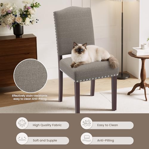 Image of Upholstered Dining Chairs Set of 2 with Thickened Seat Cushion, Wooden Mid-Century Modern Fabric Farmhouse Kitchen Chairs for Dining Room Living /Restaurant /Reading Room