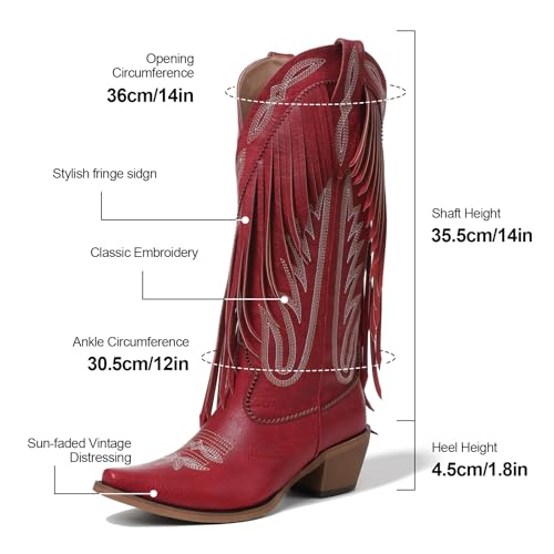 Image of Cowgirl Boots for Women Retro Pointed Toe Pull On Block Chunky Heel Embroide Tassel Country Concert Outfits Mid Calf Western Fringe Cowboy Boots