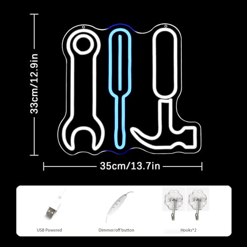 Image of Tool Set Neon Sign Garage Neon Sign for Wall Decor LED Neon Lights for Hardware Shop USB Dimmable Neon Sign for Man Cave Workshop Garages, or Shops 12.9x13.7 Inches