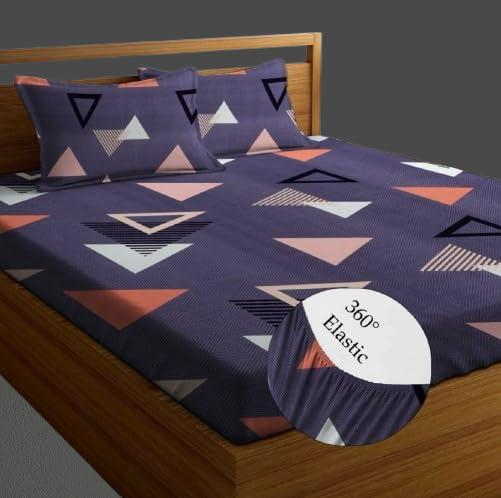 Cotton Feel Glace Cotton Elastic Fitted Printed King Size Double Bed Bedsheet with 2 Pillow Covers and Fits Upto 8 inches Mattress, Size- 72"x78" Saffro 2500-picture-21