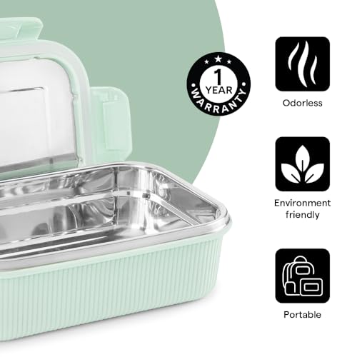 Image of Larah by BOROSIL Freshbyte Food Storage Container with Airtight Stainless Steel Lid | Fridge Container for Lunchbox | Food Grade | Microwave Safe (Green, 600 ml, Rectangular)