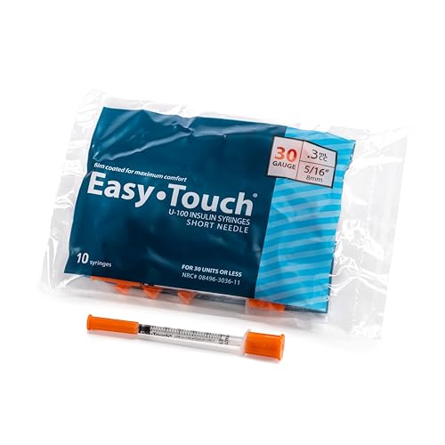 Image of Easy Touch 30 Gauge U-100 Insulin Syringes (30G 0.3cc 5 /16 inch) with 5 /16 inch Short Needle, 0.3cc (30 Unit Capacity), Bold Markings for Accurate Dosing, Disposable, Box of 100