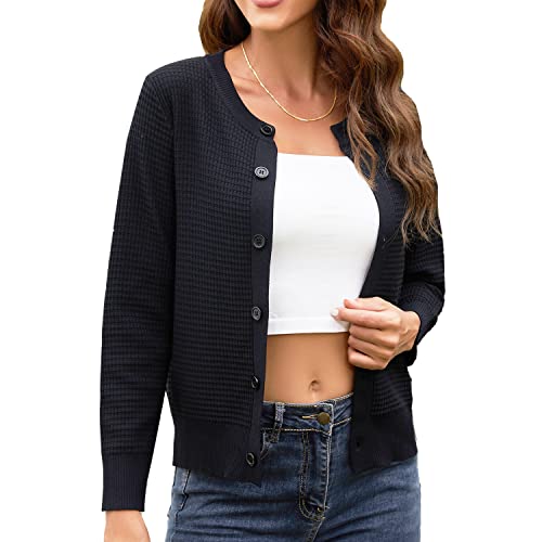 Women's Crew Neck Button Down Long Sleeve Solid Knit Classic Cardigan Sweater