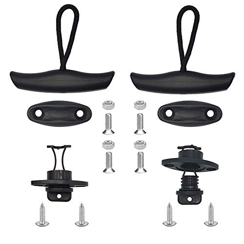 GEUNTECH 2Pcs Kayak Carry Handles/Pull T-Handle and Cord and Pad Eyes with 2 Set of Kayak Drain Plug Kits Thread Bung for Kayak Canoe Boat with Screws