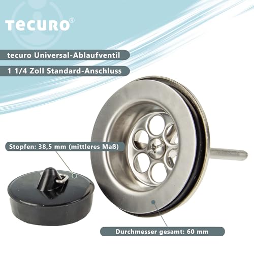 tecuro Ablaufventil poliert 1 1/4 Zoll Anschluss für Waschbecken, Ø 60 mm mit Edelstahl-Siebplatte und verchromtem Messingunterteil