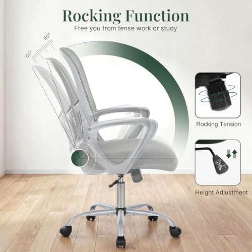 Image of Home Office Desk Chair, Ergonomic Mid-Back Mesh Computer Task Chair with Comfortable Lumbar Support, Height Adjustable Swivel with Fixed Armrest for Adults, Student, Grey