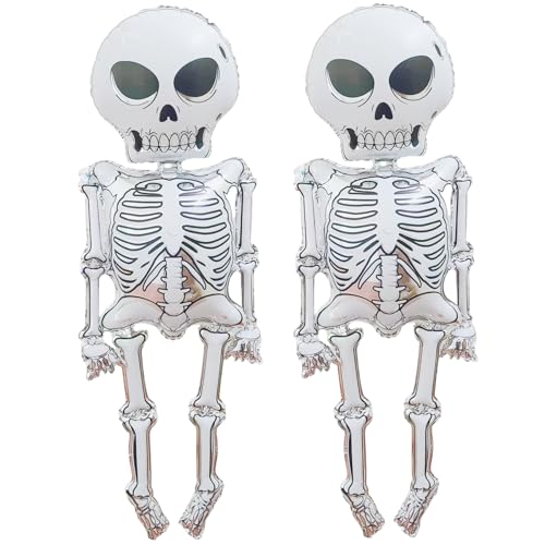 2 Pieces 34x62 Inches Scary Skeleton Foil Balloons - Large Spooky Mylar Life Size Skull Balloons for Halloween Decorations Haunted House Trick-or-Treat Indoor and Outdoor Party Supplies