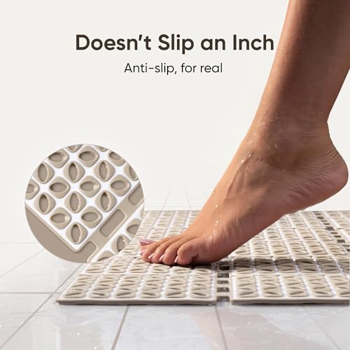 Image of Frido Anti-Slip Bath Mat With Dense Suction Cups | Quick-Drain Design for Faster Drying | Helps Prevent Mould Buildup | PVC Shower Mat For Wet Bathroom Floors | 80x40 cm Rectangular Shape | Warm Beige